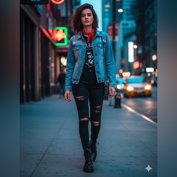 Forever 21 J'adore Le Rock N Roll Denim Jacket Large Distressed Blue - Picture 8 of 8